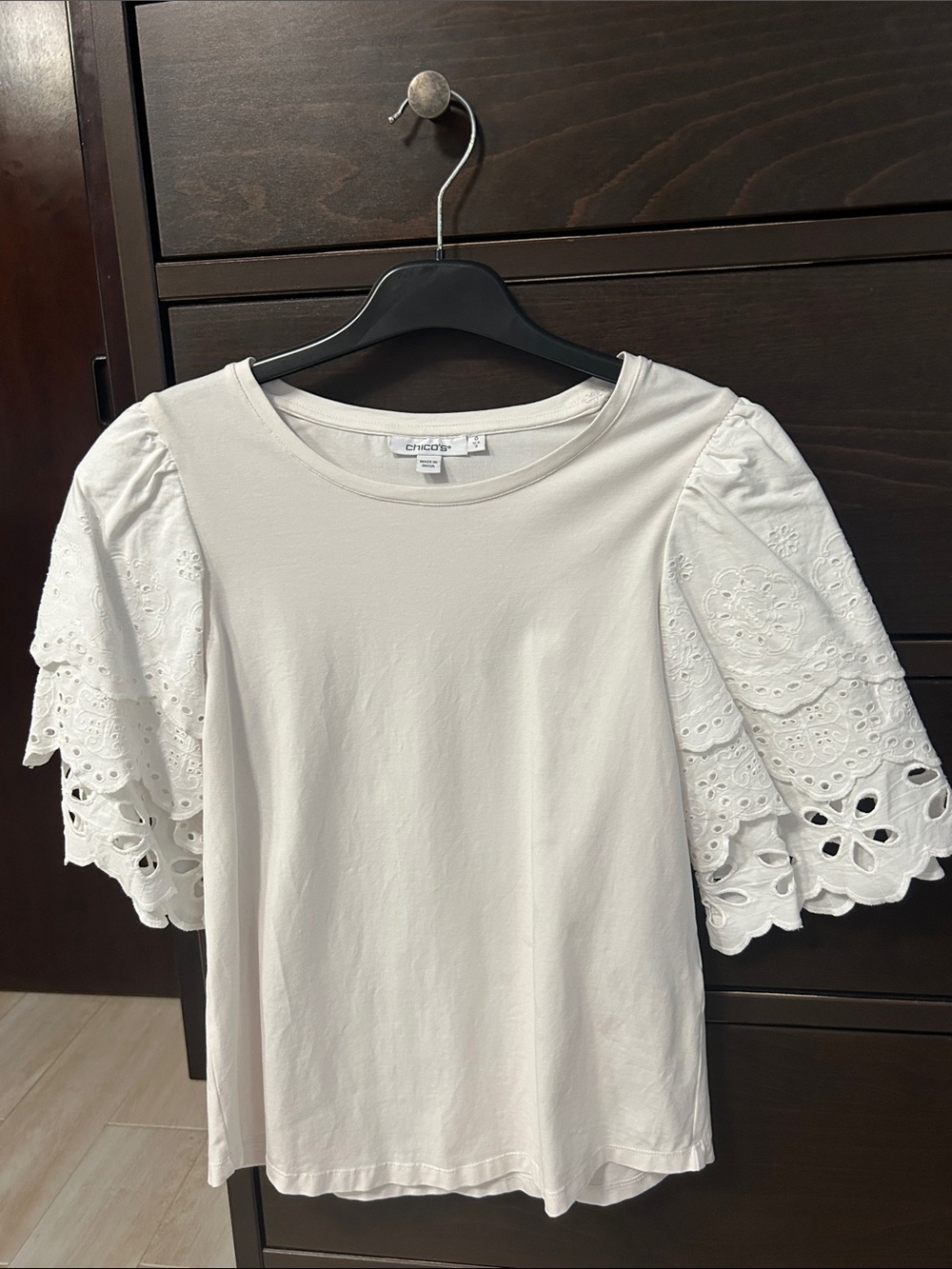 Chico's White Eyelet Flutter-Sleeve Tee